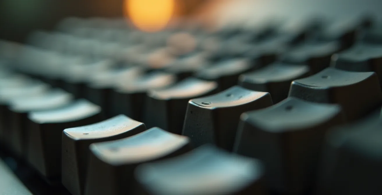 Photo macro d'un clavier d'ordinateur montrant la texture des touches et une lumière douce pour symboliser la lenteur