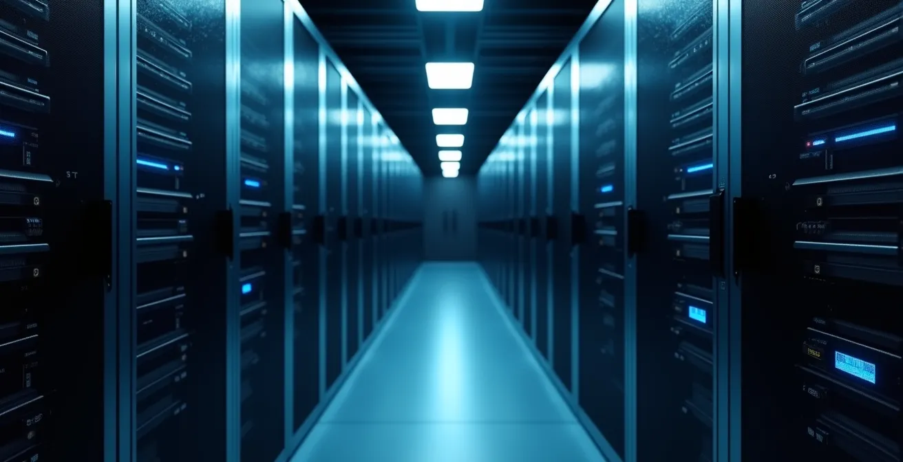 Centre de données moderne avec rangées de serveurs dans une lumière bleue froide
