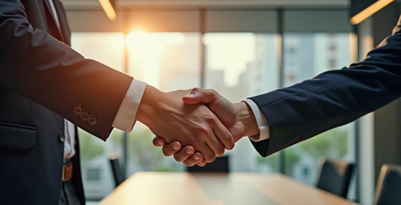 Mains de professionnels se serrant autour d'une table de réunion moderne