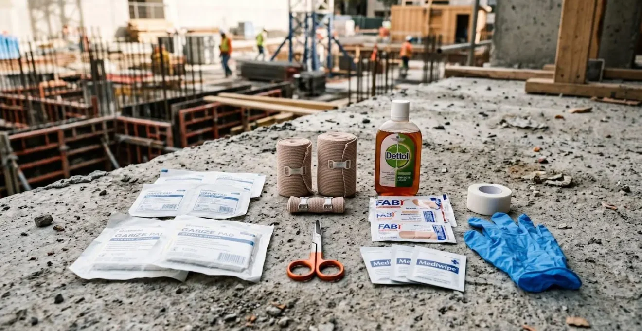 Contenu d'une trousse de secours professionnelle disposée sur une surface de chantier avec compresses, bandes et antiseptique