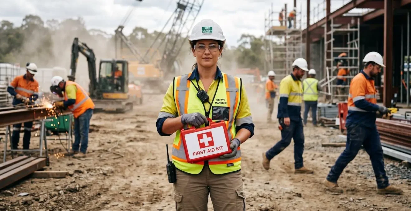 Responsable HSE en tenue de sécurité tenant un coffret de secours sur un chantier BTP