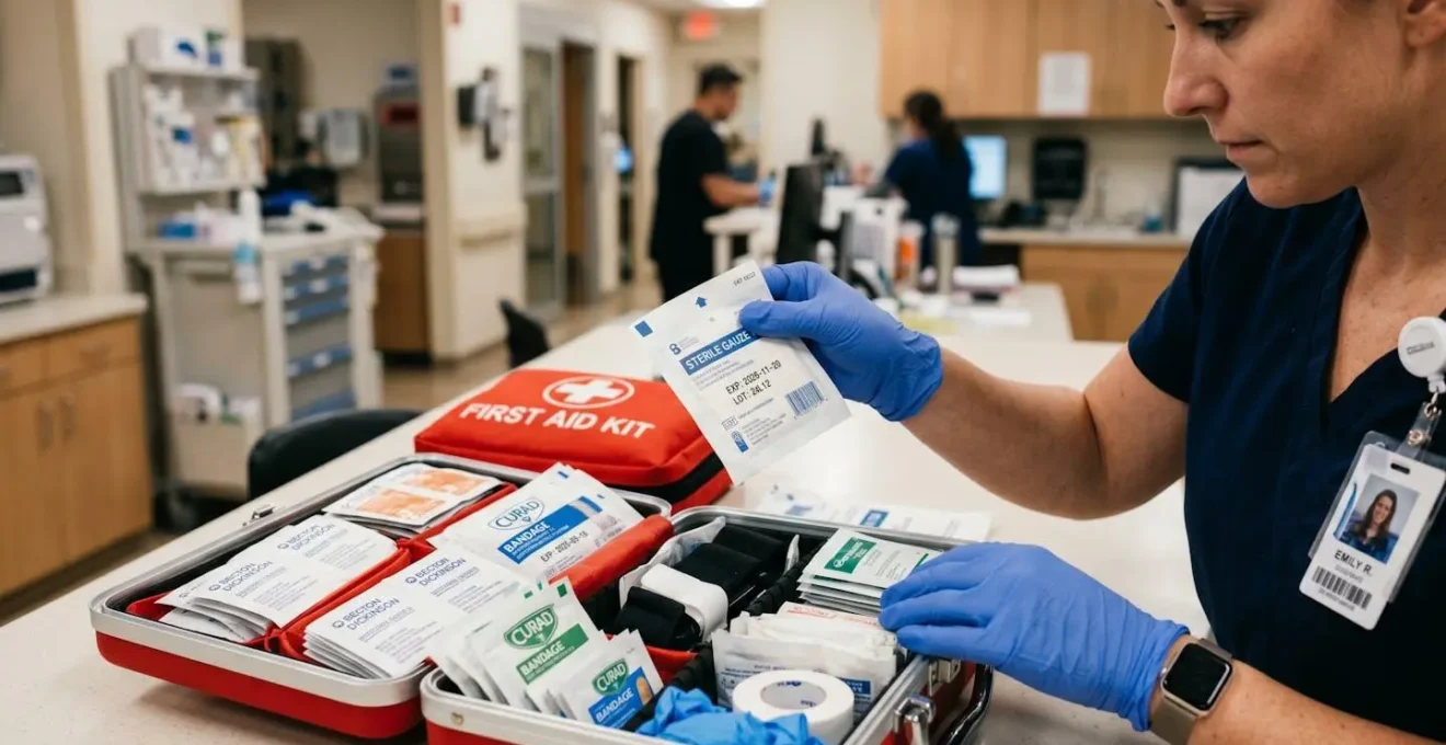 Responsable sécurité vérifiant les dates de péremption des produits d'une trousse de secours en entreprise